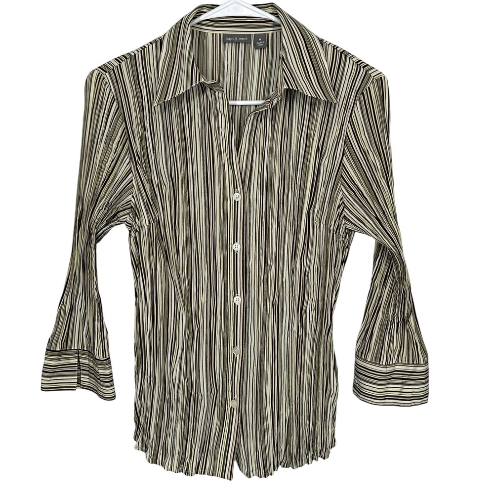 Apt 9 Stretch‎ Striped Crinkle Button Up Blouse Split Cuffs Women's Size Medium